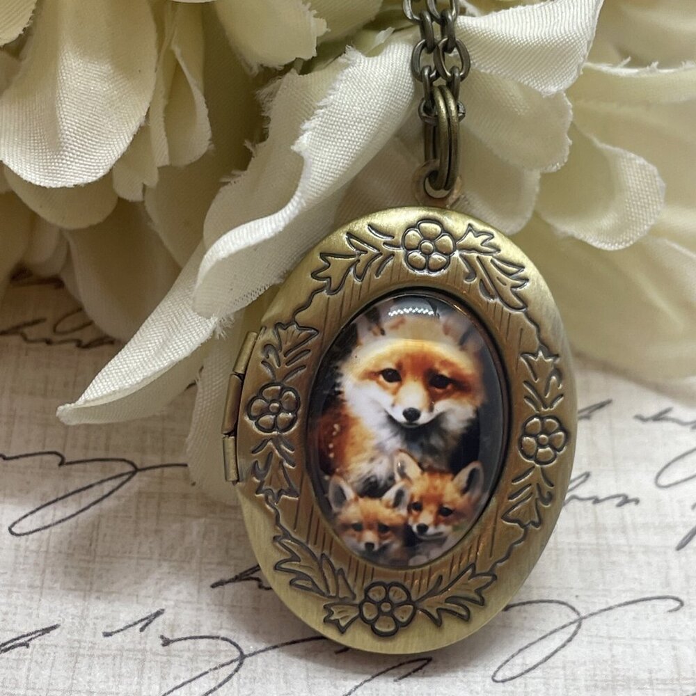 Bronze Gold Fox Family Kit Mom Baby Brass Locket Necklace Pendant Wedding Mother